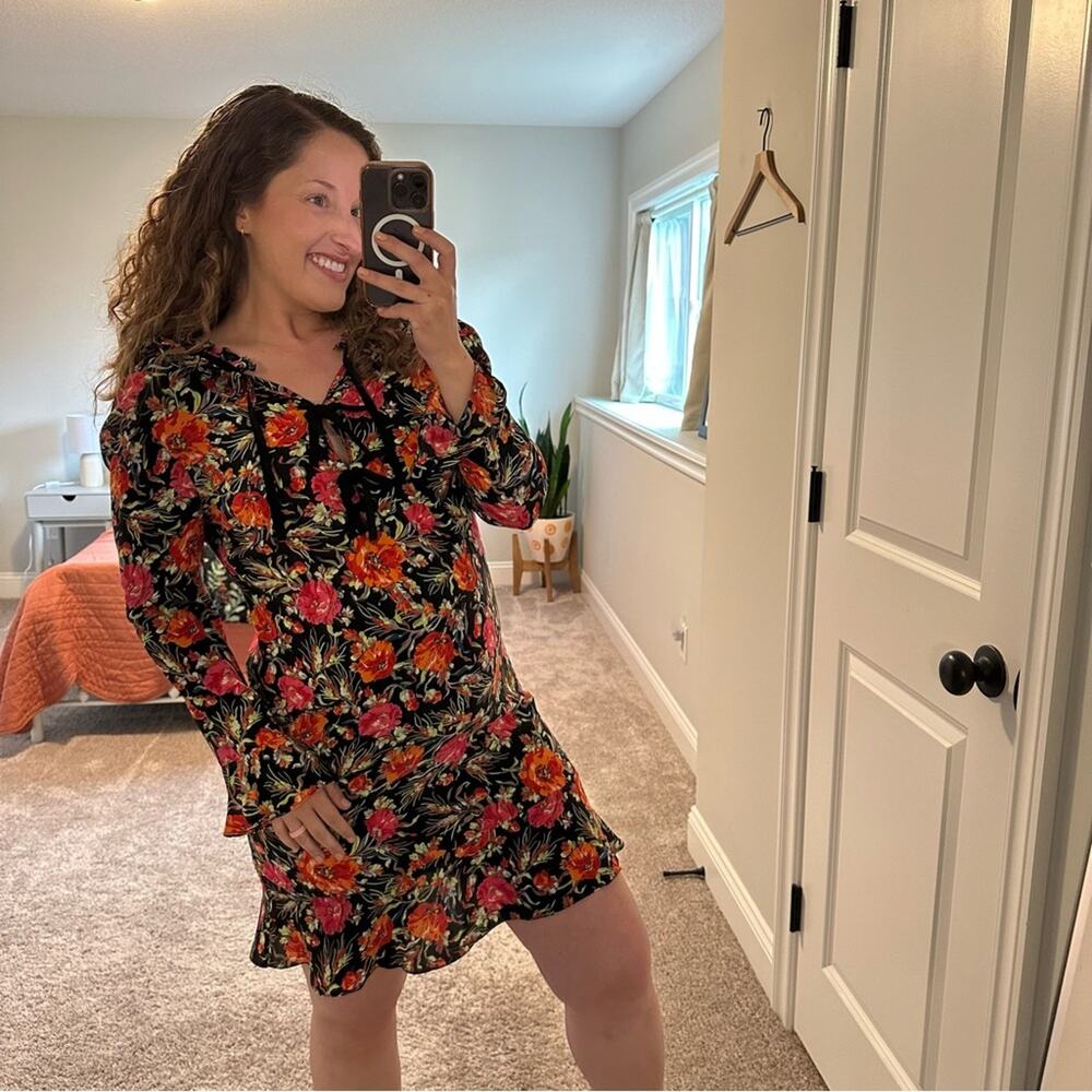 Sandro Paris Black Orange Pink Silk Floral Mini Dress Small - Picture 5 of 16